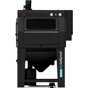Sistema de jateamento AMT PostPro DP Studio, gabinete preto, em vista frontal