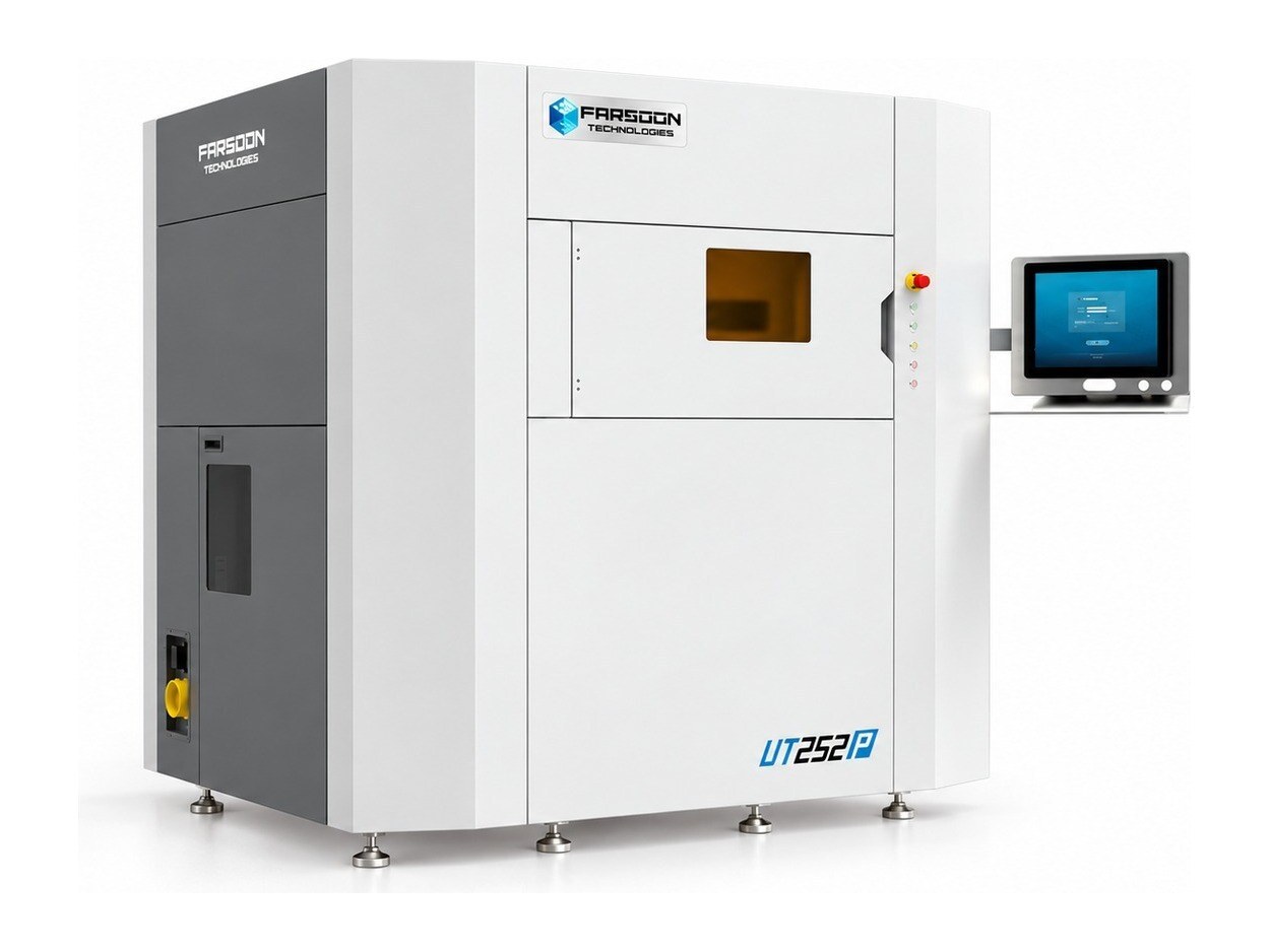 Impressora 3D SLS Farsoon UT252P em vista de três quartos, sobre fundo branco