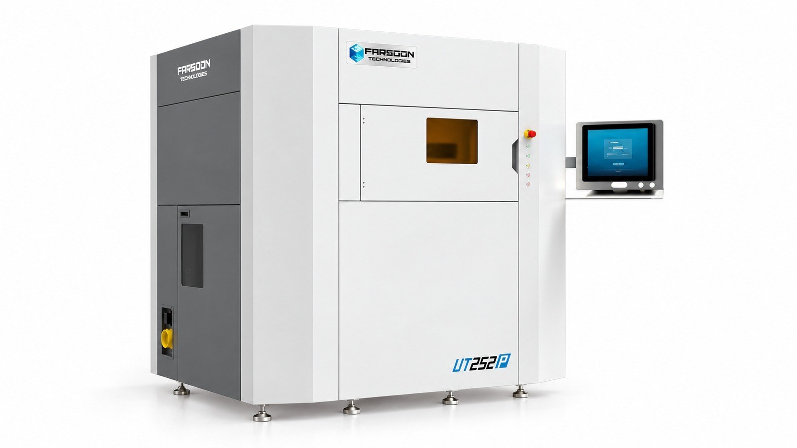 Impressora 3D SLS Farsoon UT252P de gabinete branco e cinza, em fundo branco