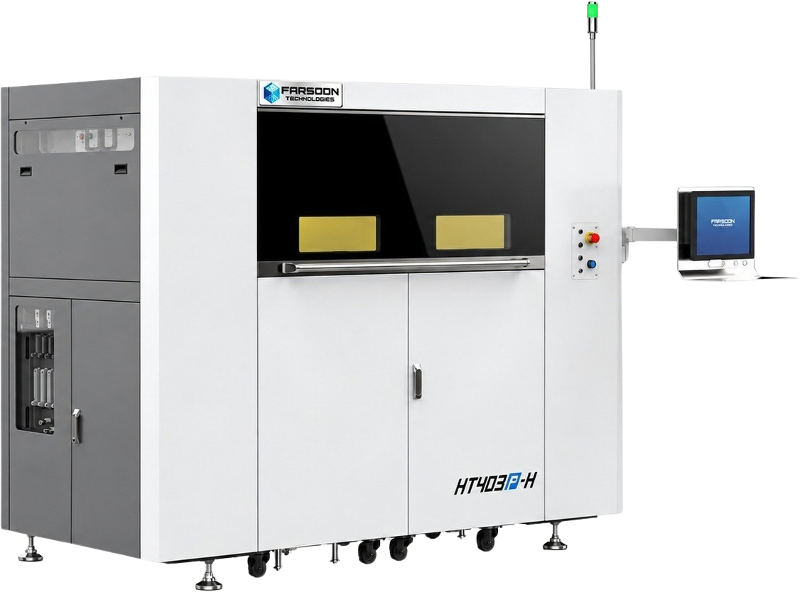 Impressora 3D SLS Farsoon HT403P de gabinete branco, com janela de câmara e painel lateral