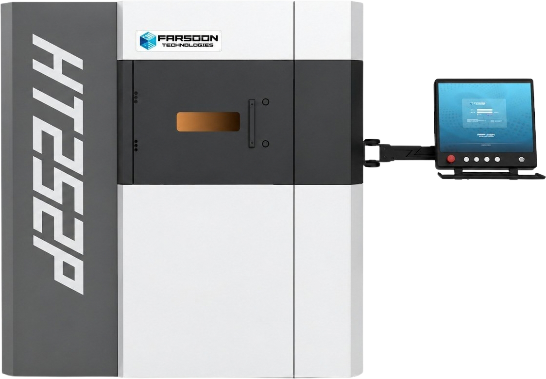 Impressora 3D SLS Farsoon Flight HT252P de gabinete branco e grafite, com painel lateral