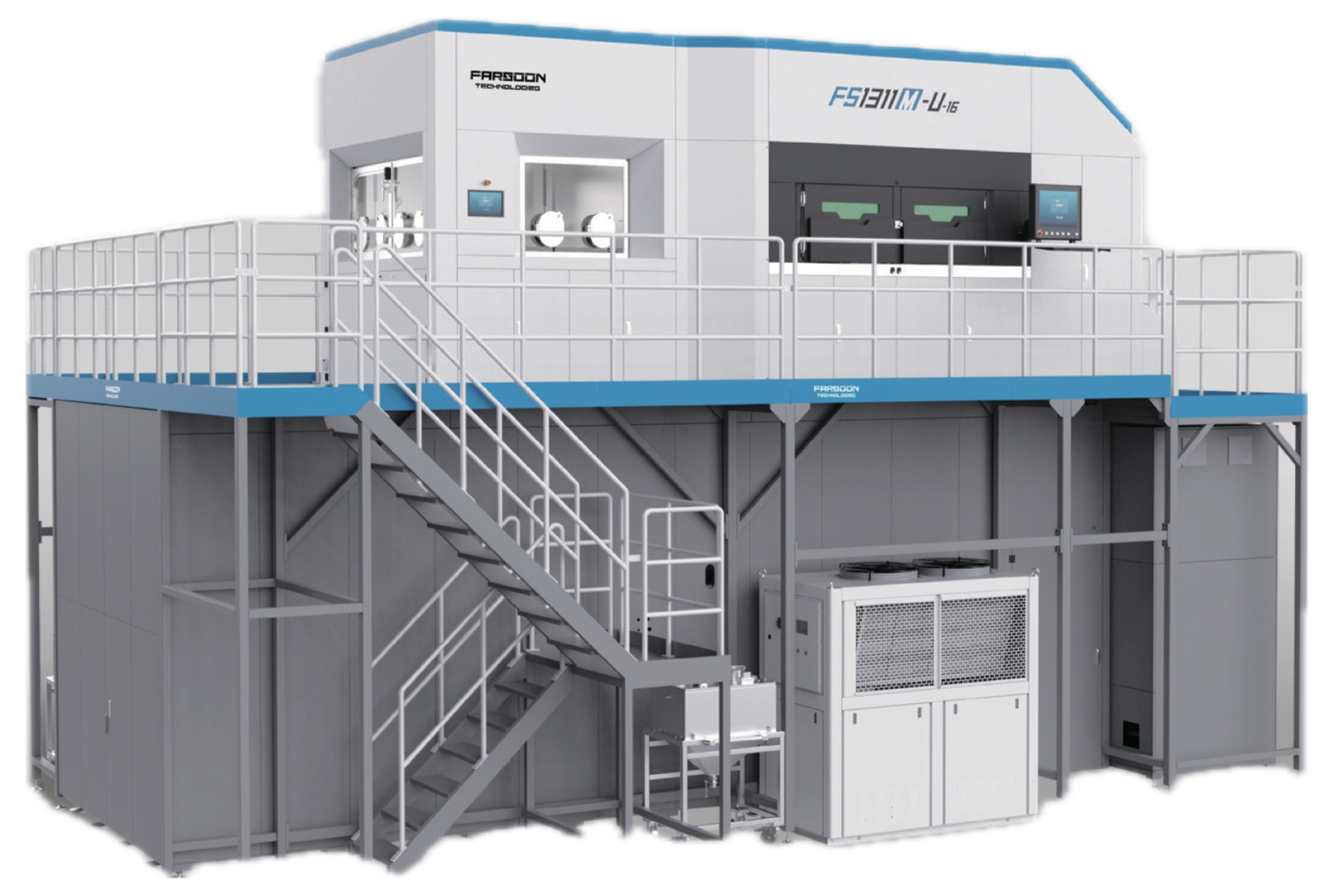 Impressora 3D de metal Farsoon FS1311M com plataforma de acesso, escada e estrutura cinza