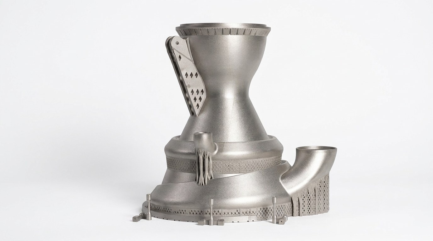 Câmara de combustão de motor de foguete em Inconel impressa na Farsoon FS621M, em fundo branco