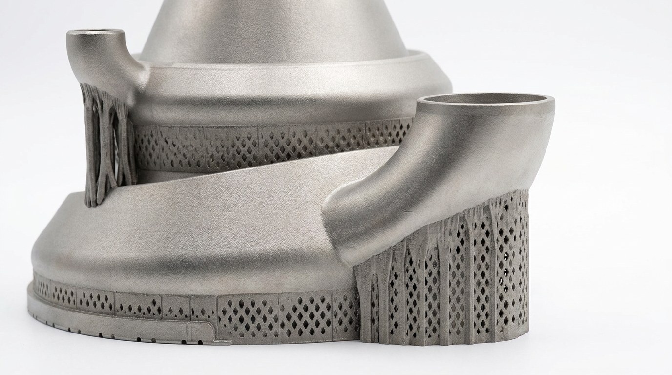 Detalhe da saia perfurada e do tubo injetor da câmara de combustão em Inconel da Farsoon FS621M