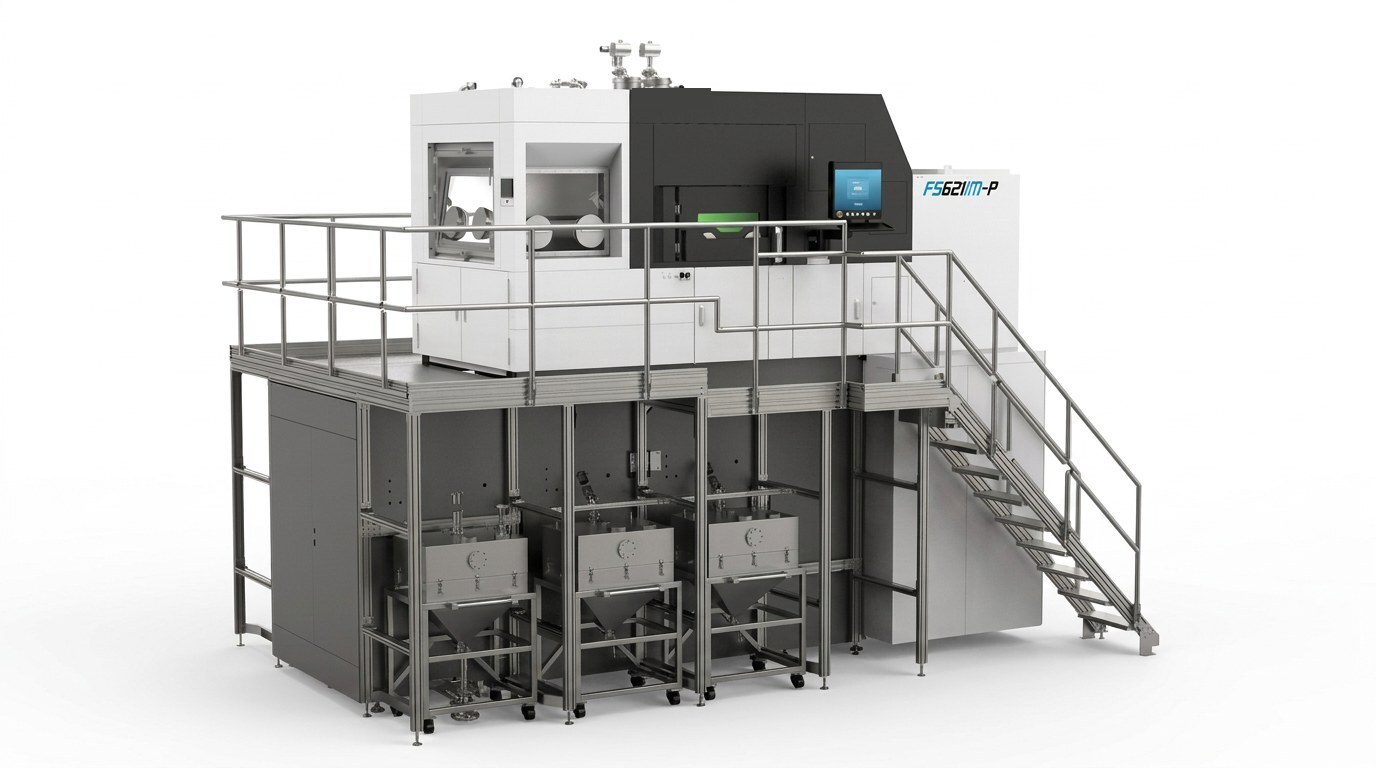 Impressora 3D de metal Farsoon FS621M Pro com plataforma de acesso e escada, em vista lateral