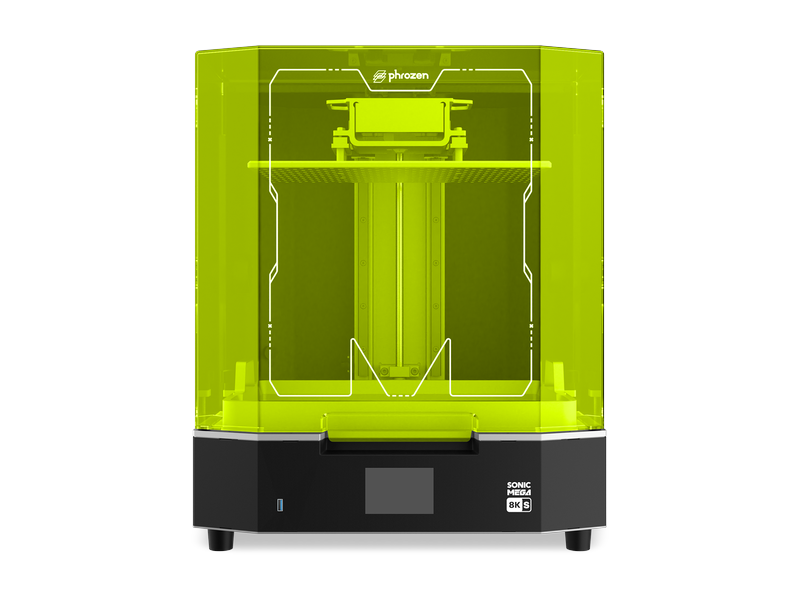 Impressora 3D de resina Phrozen Sonic Mega 8K S, com tampa verde translúcida, em vista frontal