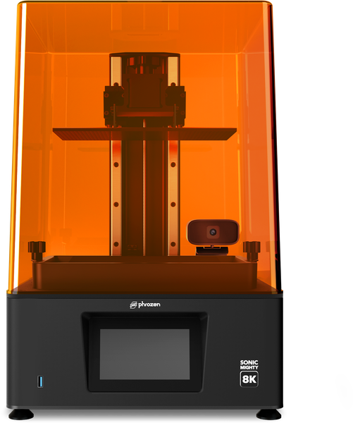 Impressora 3D de resina Phrozen Sonic Mighty 8K em vista frontal, com a tampa laranja fechada
