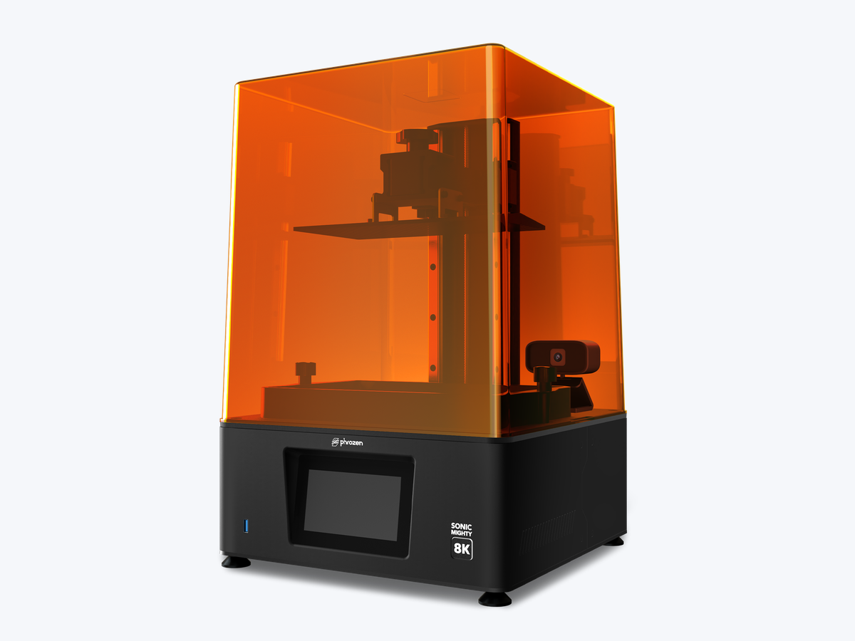 Impressora 3D de resina Phrozen Sonic Mighty 8K em vista de três quartos, com a tampa laranja fechada
