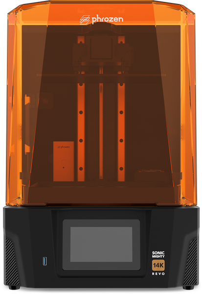 Impressora 3D de resina Phrozen Sonic Mighty Revo 14K em vista frontal, com a tampa laranja fechada