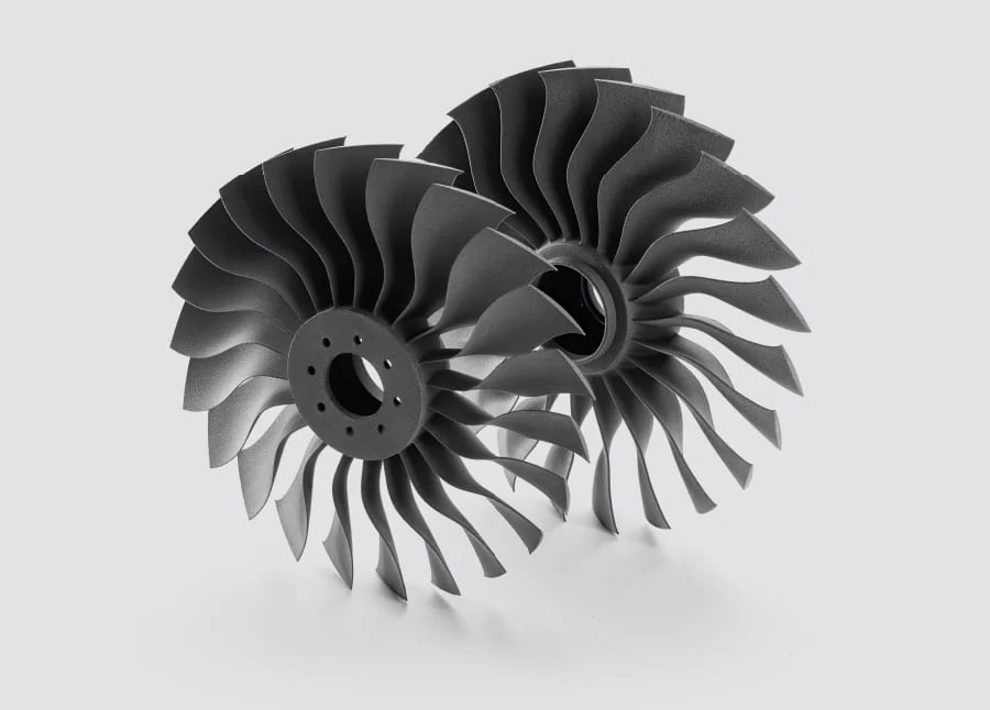 Rotor de ventilador com pás curvas impresso em SLS na Sinterit Lisa X, peça de exemplo da Sinterit