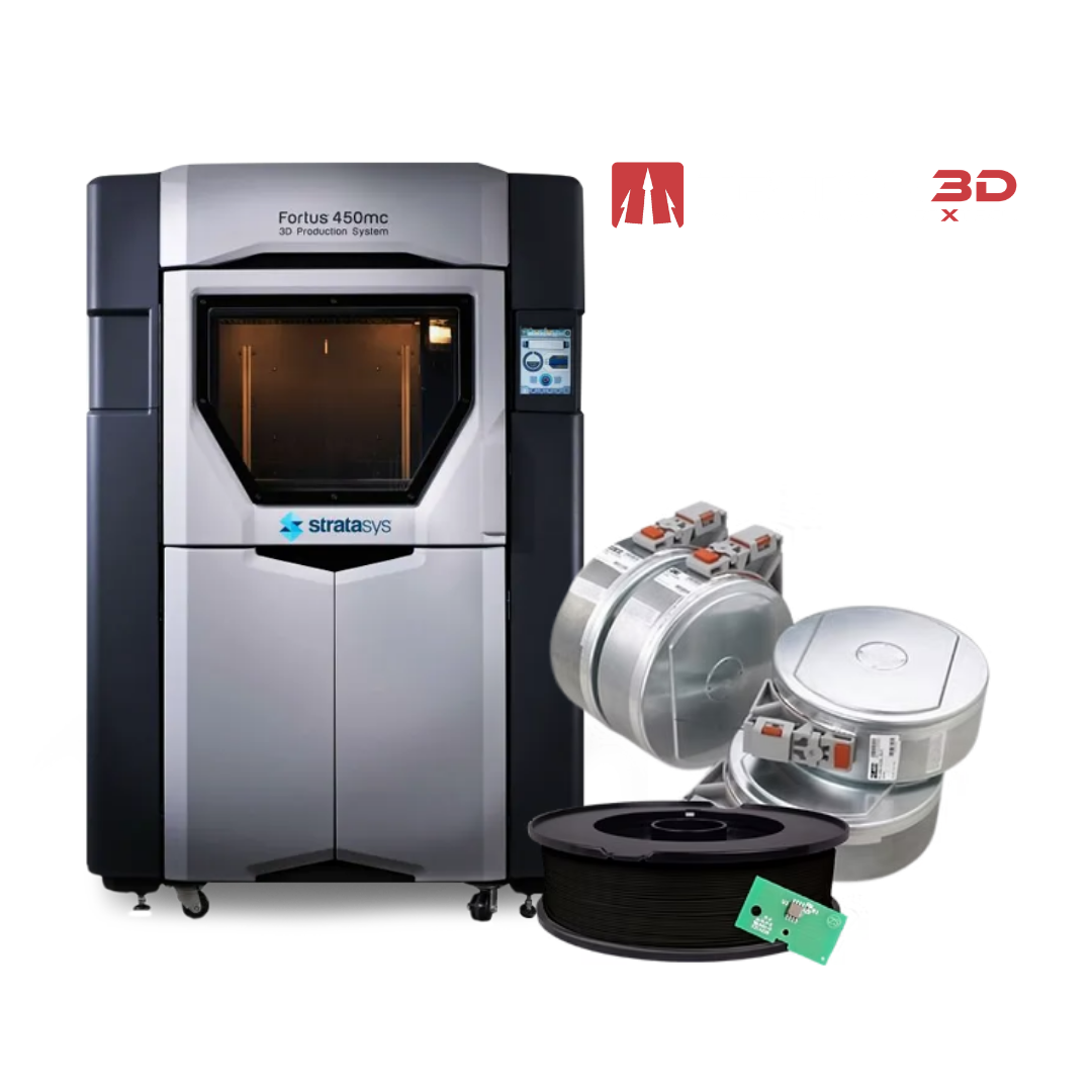 Impressora 3D Stratasys Fortus 450mc com cartuchos e carretel de material Triton3D à frente