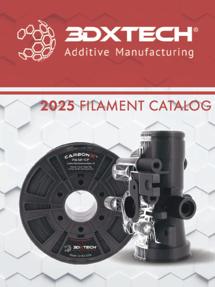 Capa do catálogo de filamentos 3DXTech 2025, com bobina CarbonX e peça impressa