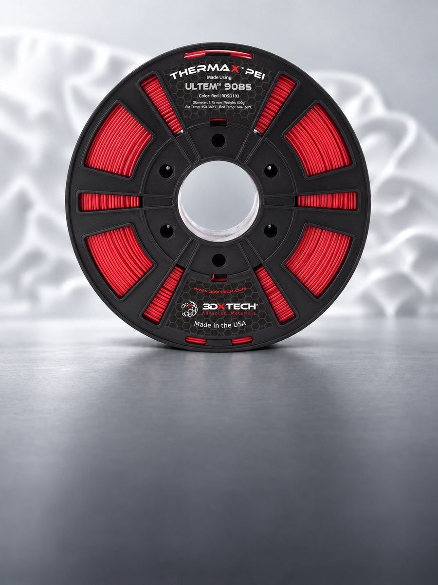 Bobina de filamento 3DXTech ThermaX PEI 9085 Ultem vermelha em estúdio cinza-claro
