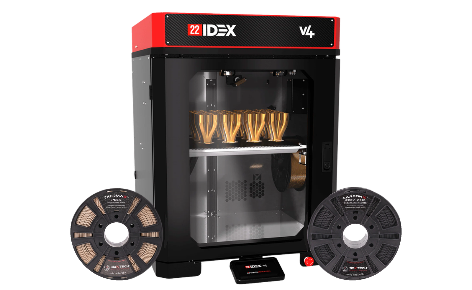 Impressora 3D Vision Miner 22 IDEX V4 com bobinas de filamento 3DXTech ThermaX PEEK e CarbonX PEEK+CF10 à frente
