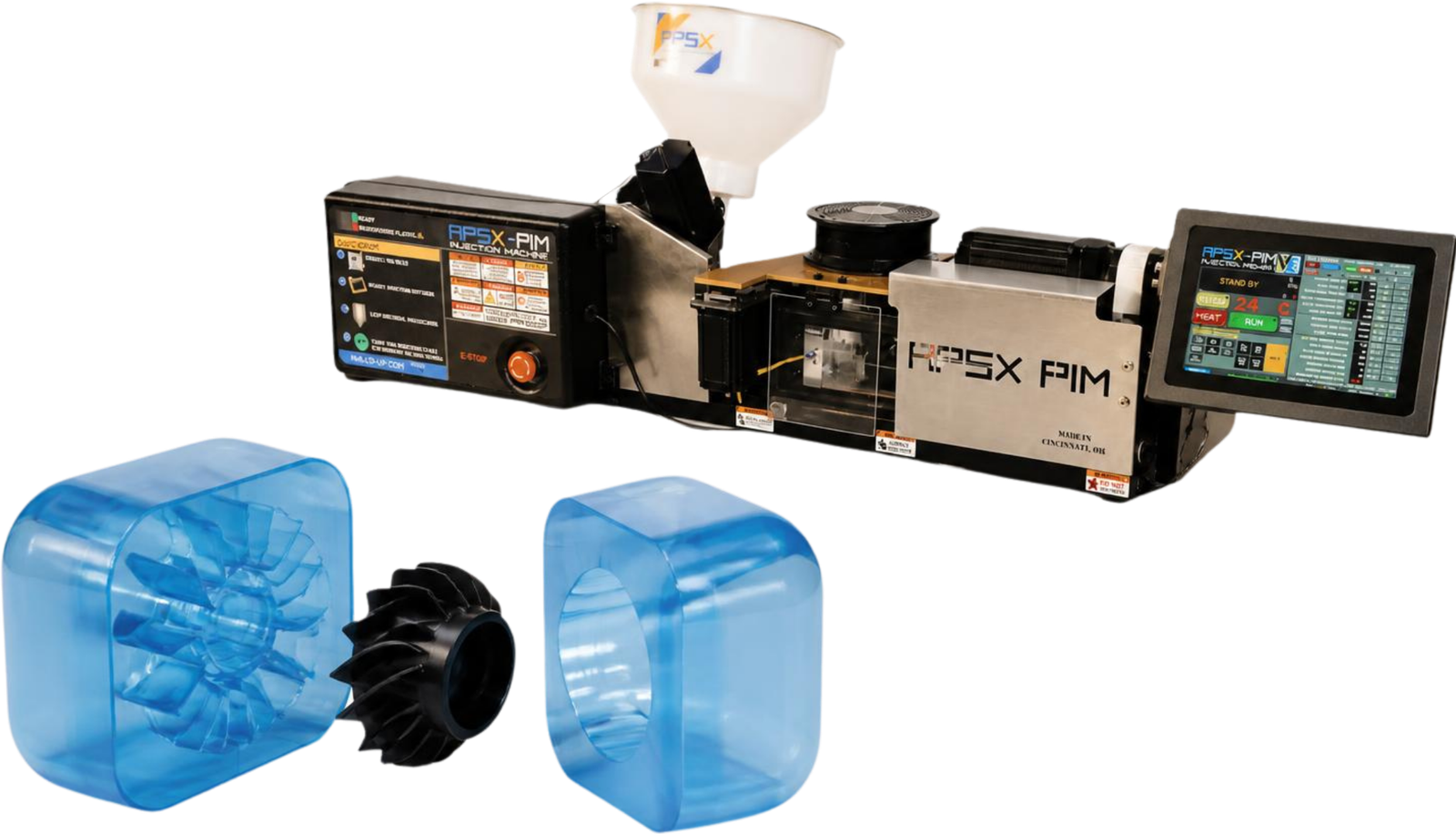 Injetora de bancada APSX-PIM V3 e molde de resina xMOLD aberto, com o rotor preto injetado entre as metades